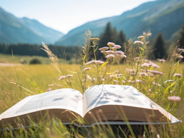 Um livro em um campo com montanhas ao fundo