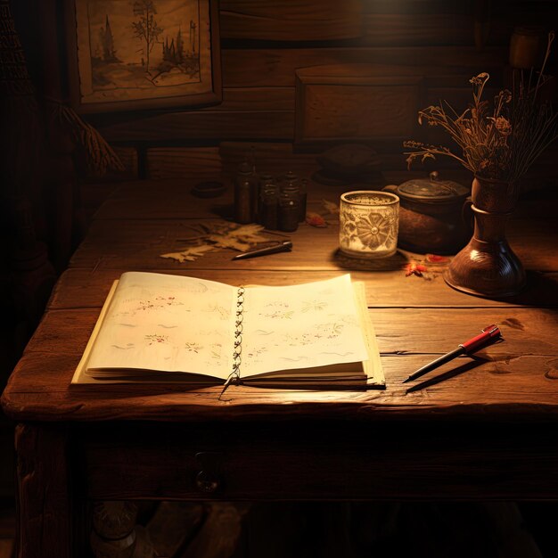 Foto um livro em uma mesa com uma caneta e uma caneta nele