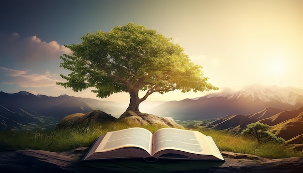 Um livro está aberto a uma página com uma árvore nele