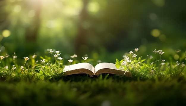 Um livro está aberto em um campo gramado com flores ao seu redor