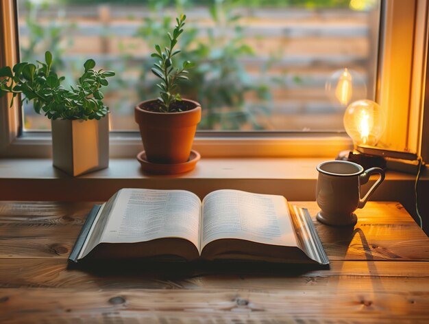 Um livro está aberto em uma mesa de madeira na frente de uma parede de tijolos