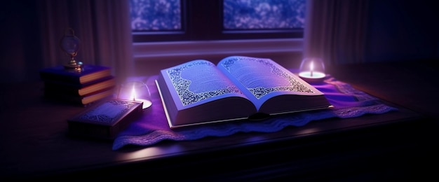 Um livro está aberto sobre uma mesa com velas acesas à sua frente.