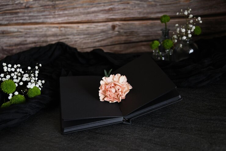 Foto um livro lindamente arranjado com uma flor delicada em uma superfície escura contra um fundo de madeira