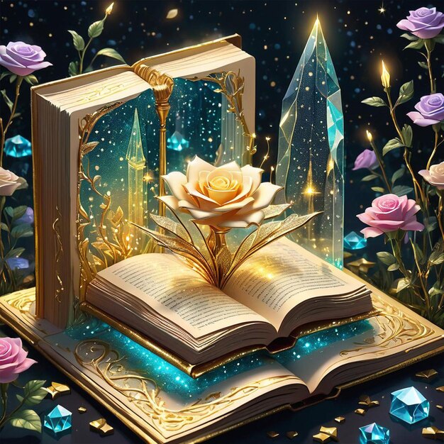 Um livro mágico com flores dentro e flores atrás.