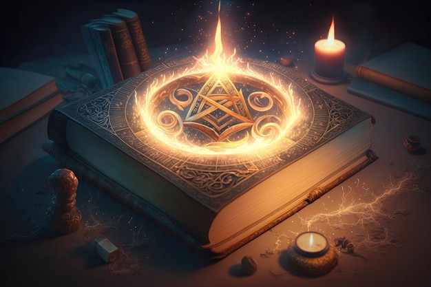 Um livro misterioso com um círculo mágico brilhante na capa cercado por velas acesas