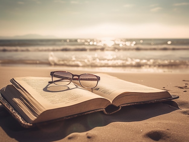 Um livro na praia com um par de óculos