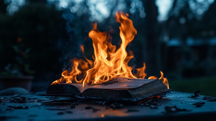 Foto um livro queimando ao ar livre ao anoitecer chamas iluminando as páginas e folhas circundantes