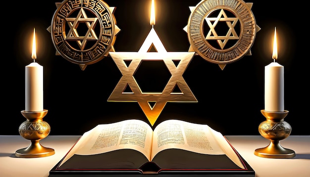 Foto um livro sagrado antigo contendo símbolos judaicos