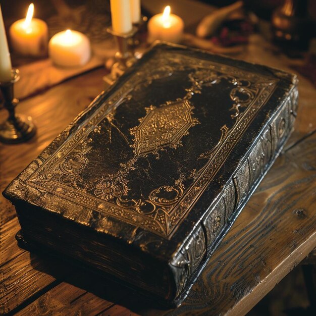 Foto um livro sentado em cima de uma mesa de madeira