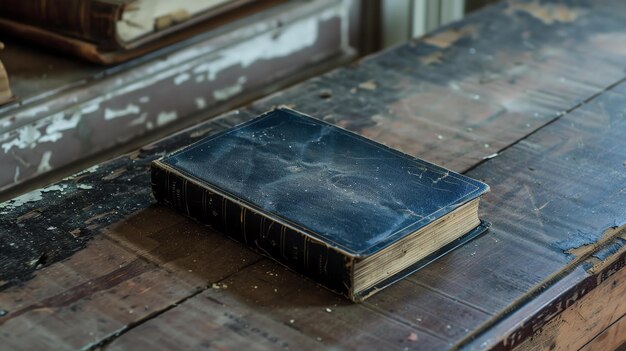 Um livro velho e empoeirado está sentado em uma mesa de madeira o livro é preto com letras douradas e tem uma espinha desbotada a mesa é marrom e tem uma superfície áspera