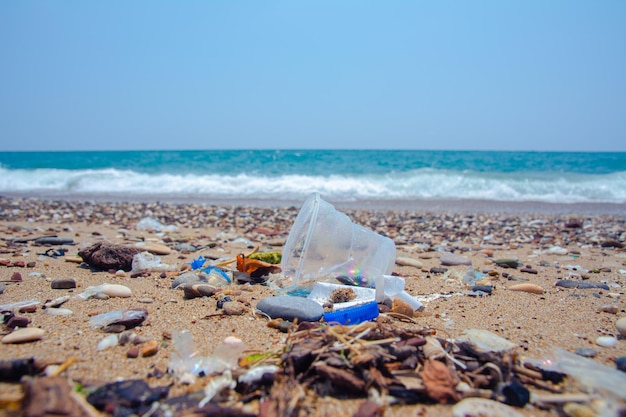 Um lixo sintético nos vidros das garrafas de plástico do mar e outros plásticos