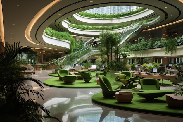 um lobby com móveis verdes e uma escada em espiral