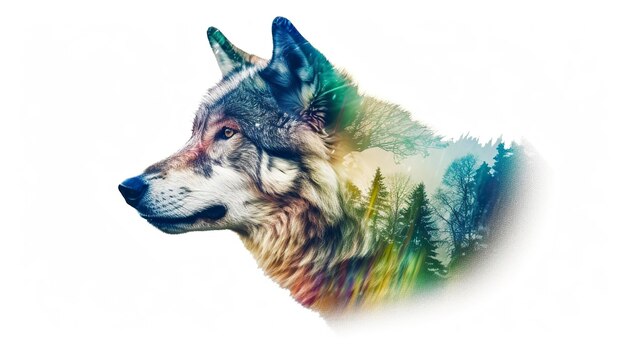 Foto um lobo alfa e a espetacular natureza colorida e floresta verde limpa foco afiado em fundo branco fotografia de dupla exposição ai generative