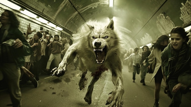 Um lobo arrebentado a correr por uma estação de metro lotada com pessoas.