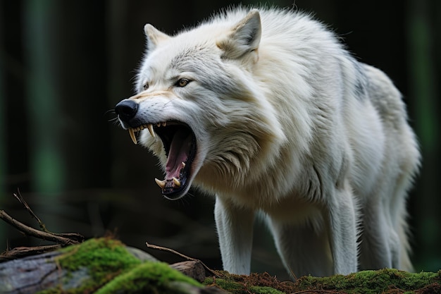 Um lobo branco com a boca aberta.