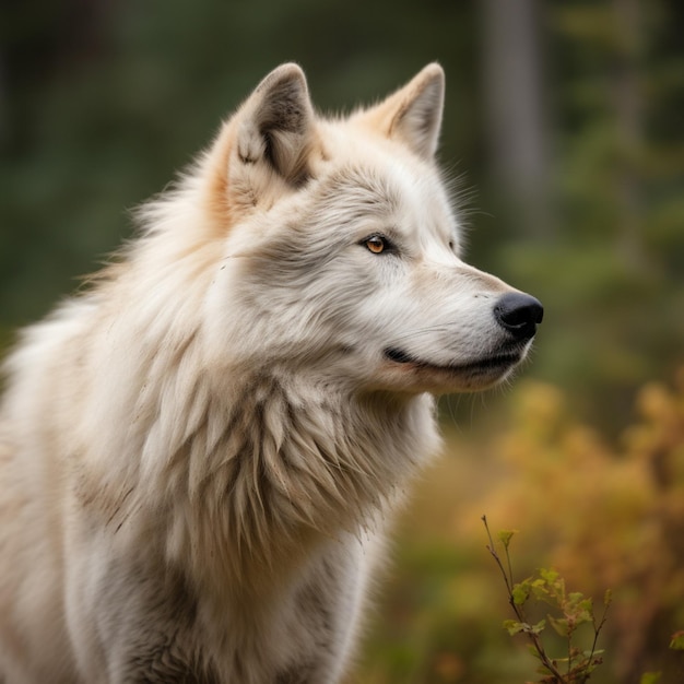 Um lobo branco com nariz marrom e nariz preto está parado em um campo.