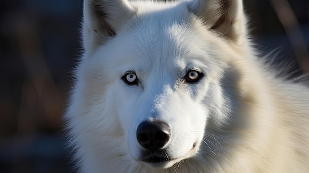 Um lobo branco com olhos azuis olha para a câmera.