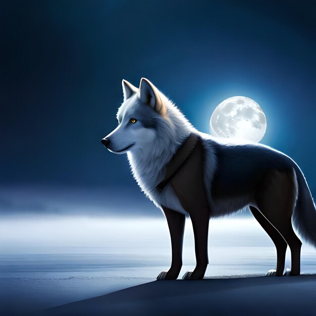 Um lobo branco e cinza fica na neve com a lua ao fundo.