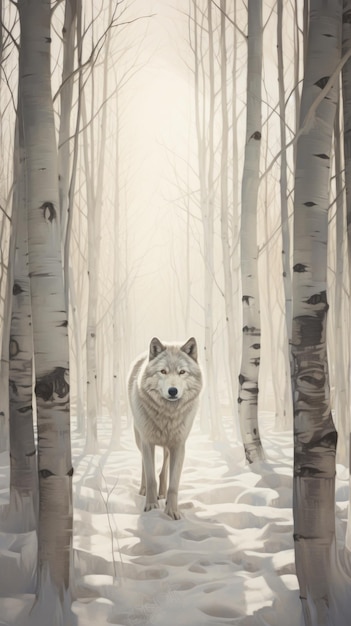 Um lobo branco está andando por uma floresta ai