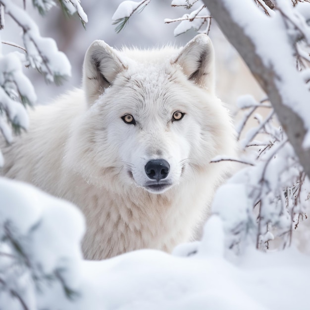 Um lobo branco está parado na neve com a neve nele.