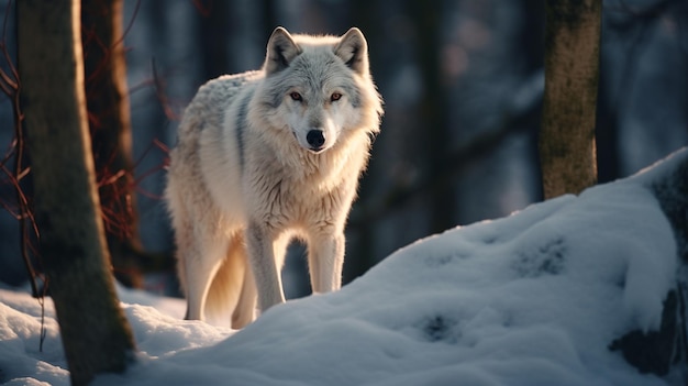 Um lobo branco na floresta no inverno