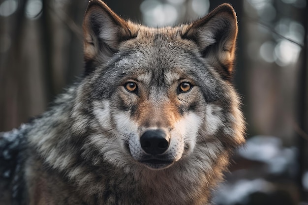 Um lobo Canis lupus em uma floresta de inverno capturado em close-up Generative AI