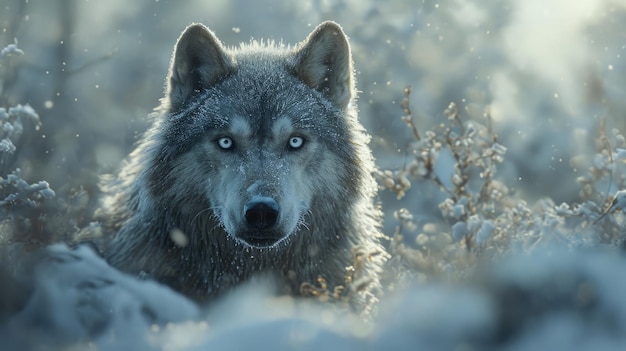 Um lobo cinzento com pele escura está em uma floresta coberta de neve no fundo coberto de neve da Sibéria