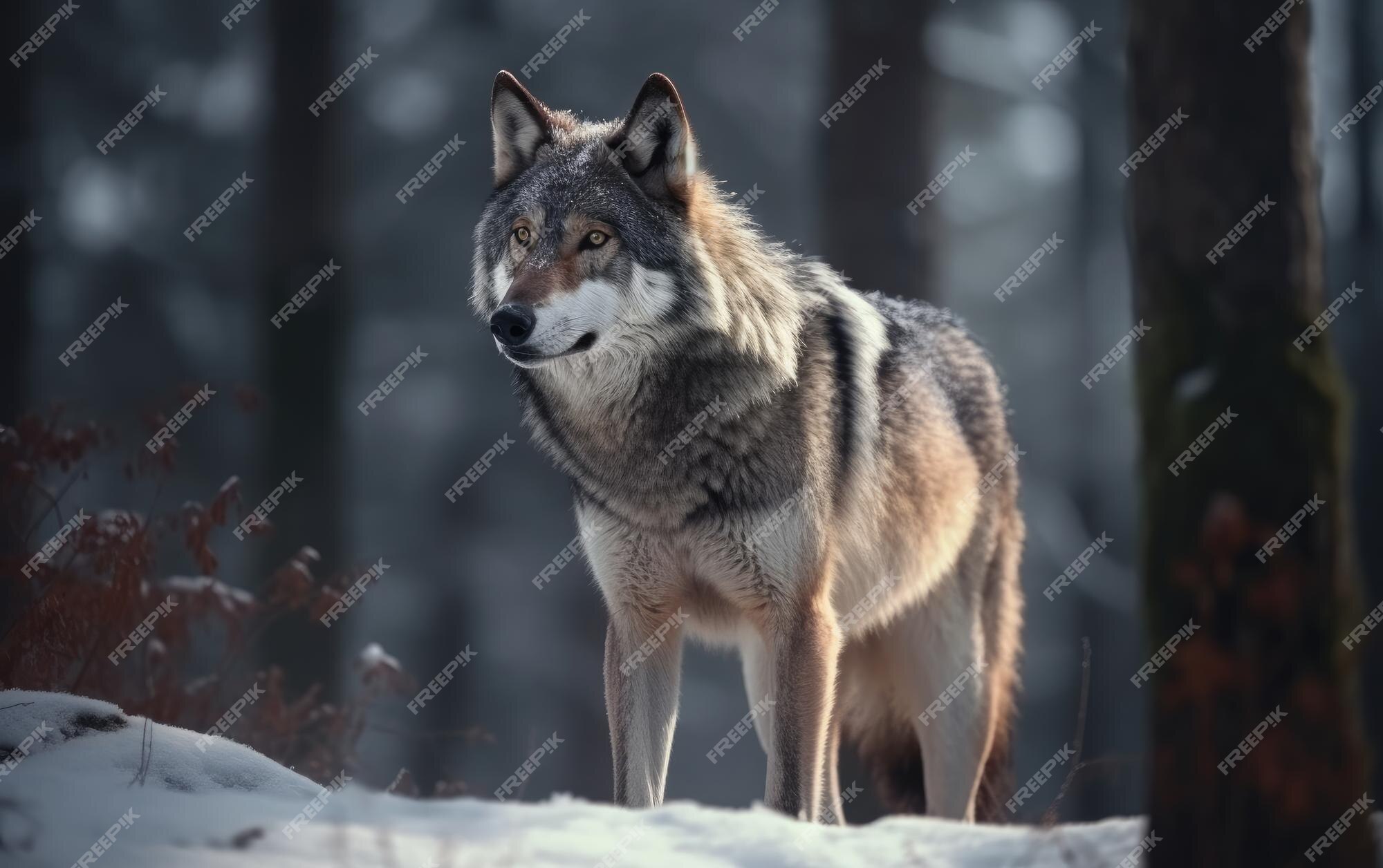 Um lobo cinzento na floresta encantada