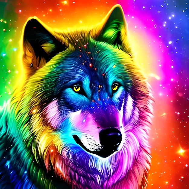 Foto um lobo colorido com cabeça e olhos coloridos do arco-íris.