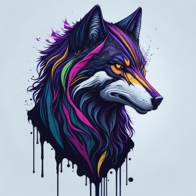 Um lobo colorido com cabeça preta e olhos roxos.