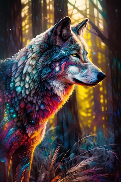 Um lobo colorido com olhos amarelos é mostrado nesta pintura.