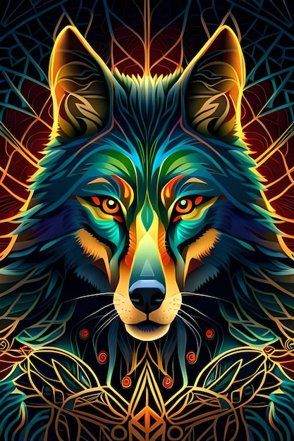 Um lobo colorido com um fundo preto e um fundo azul.