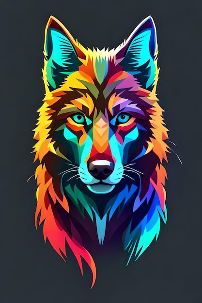 Um lobo colorido com um fundo preto.