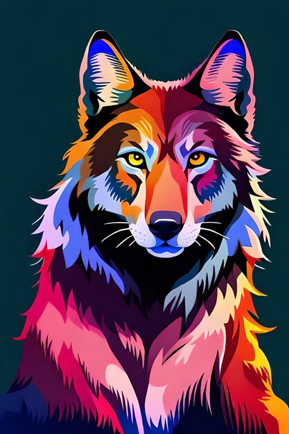 Um lobo colorido com um fundo preto.