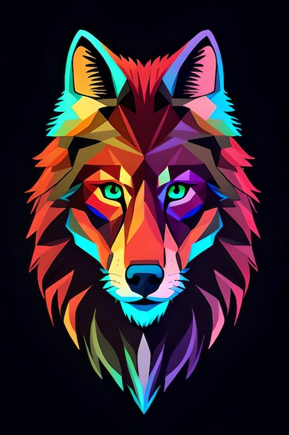 Um lobo colorido com um fundo preto.