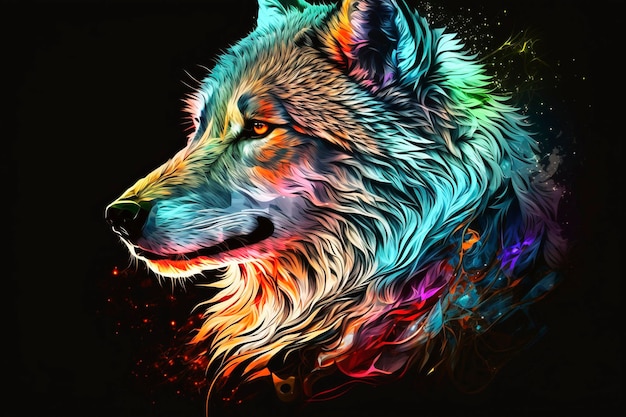 Um lobo colorido com um fundo preto