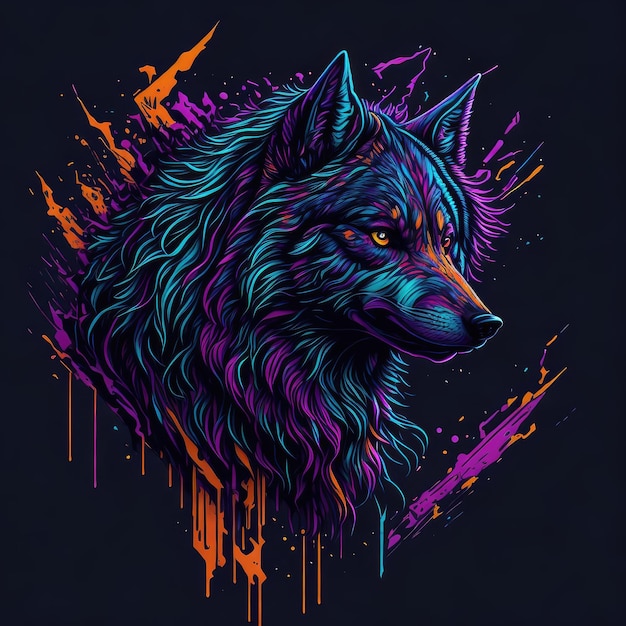 Um lobo colorido com um fundo roxo e azul e a palavra lobo na frente.