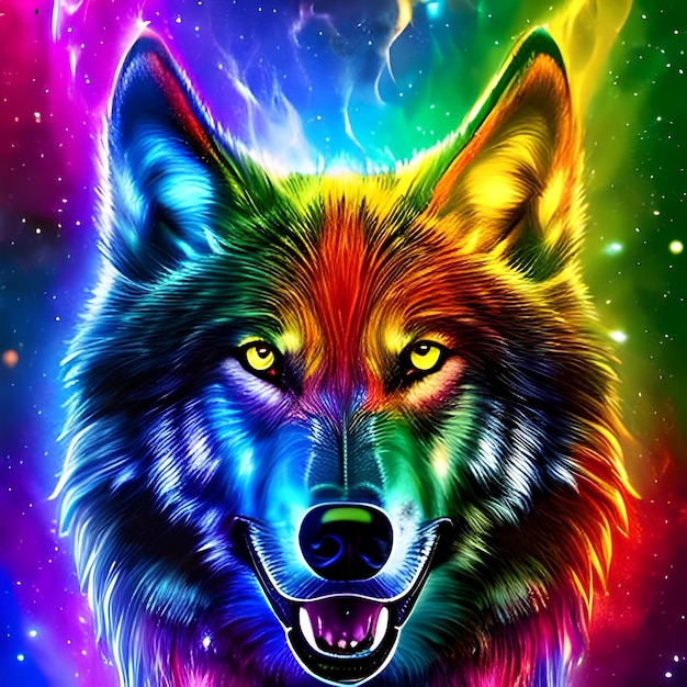 Um lobo colorido com uma cabeça colorida de arco-íris e olhos amarelos.