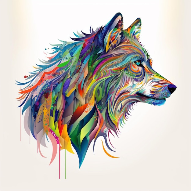Um lobo colorido com uma cabeça que tem muitas cores.