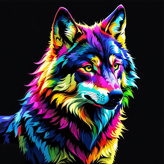 Foto um lobo colorido é pintado em cores coloridas