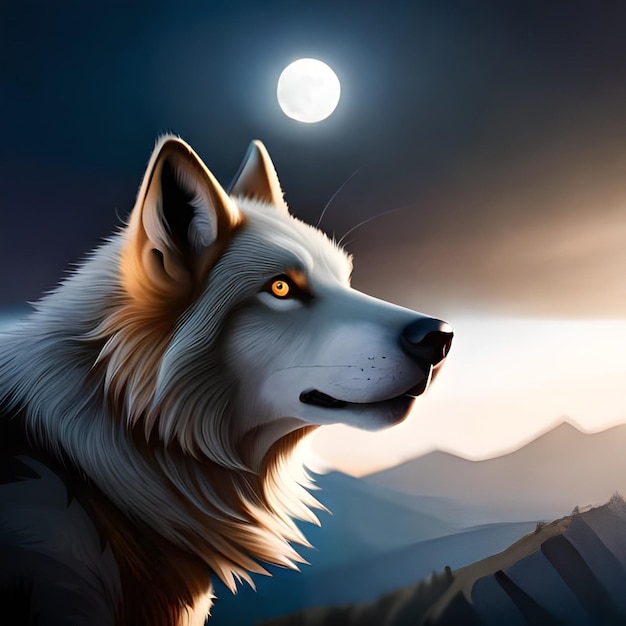 Um lobo com a lua ao fundo