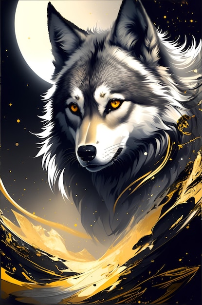 Um lobo com a lua ao fundo