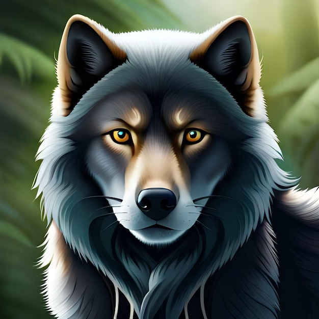 Um lobo com cabeça preta e olhos amarelos é mostrado nesta ilustração.