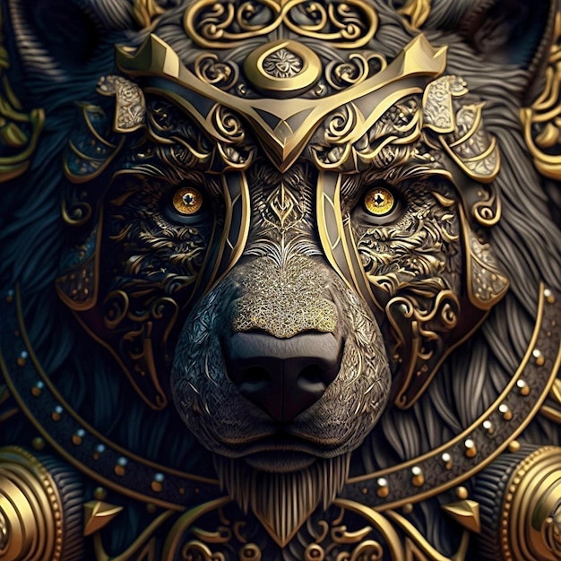 Um lobo com detalhes em ouro e prata