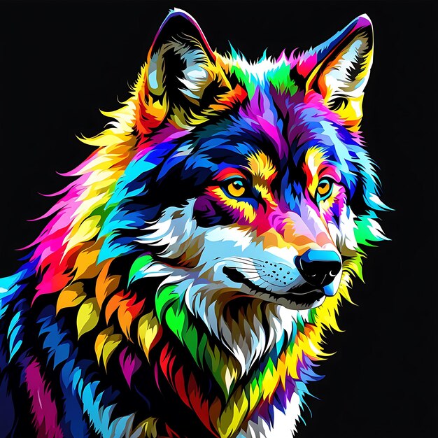 um lobo com listras coloridas é mostrado em um fundo preto