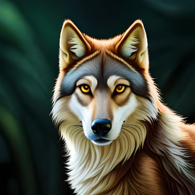 Um lobo com olhos amarelos é mostrado nesta ilustração.