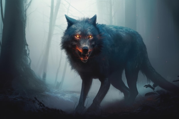 Um lobo com olhos brilhantes caminhando por uma floresta Imagem gerada por IA