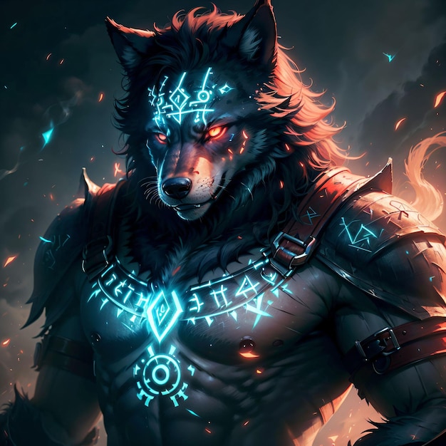 Um lobo com runas brilhantes