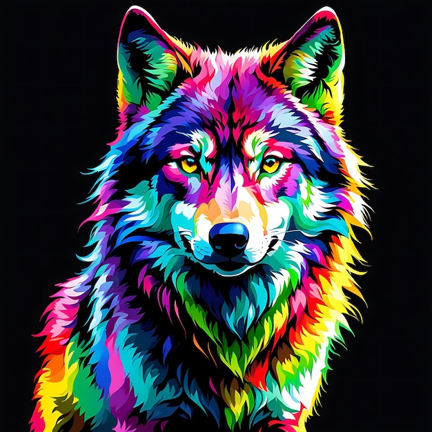 um lobo com um fundo colorido que tem um fundo de cor arco-íris