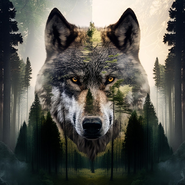 Um lobo com um fundo de floresta e uma árvore com uma floresta no lado esquerdo.